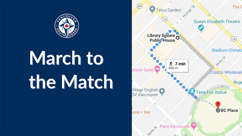 March to the match route: Homer st to Robson st to Terry Fox Plaza
